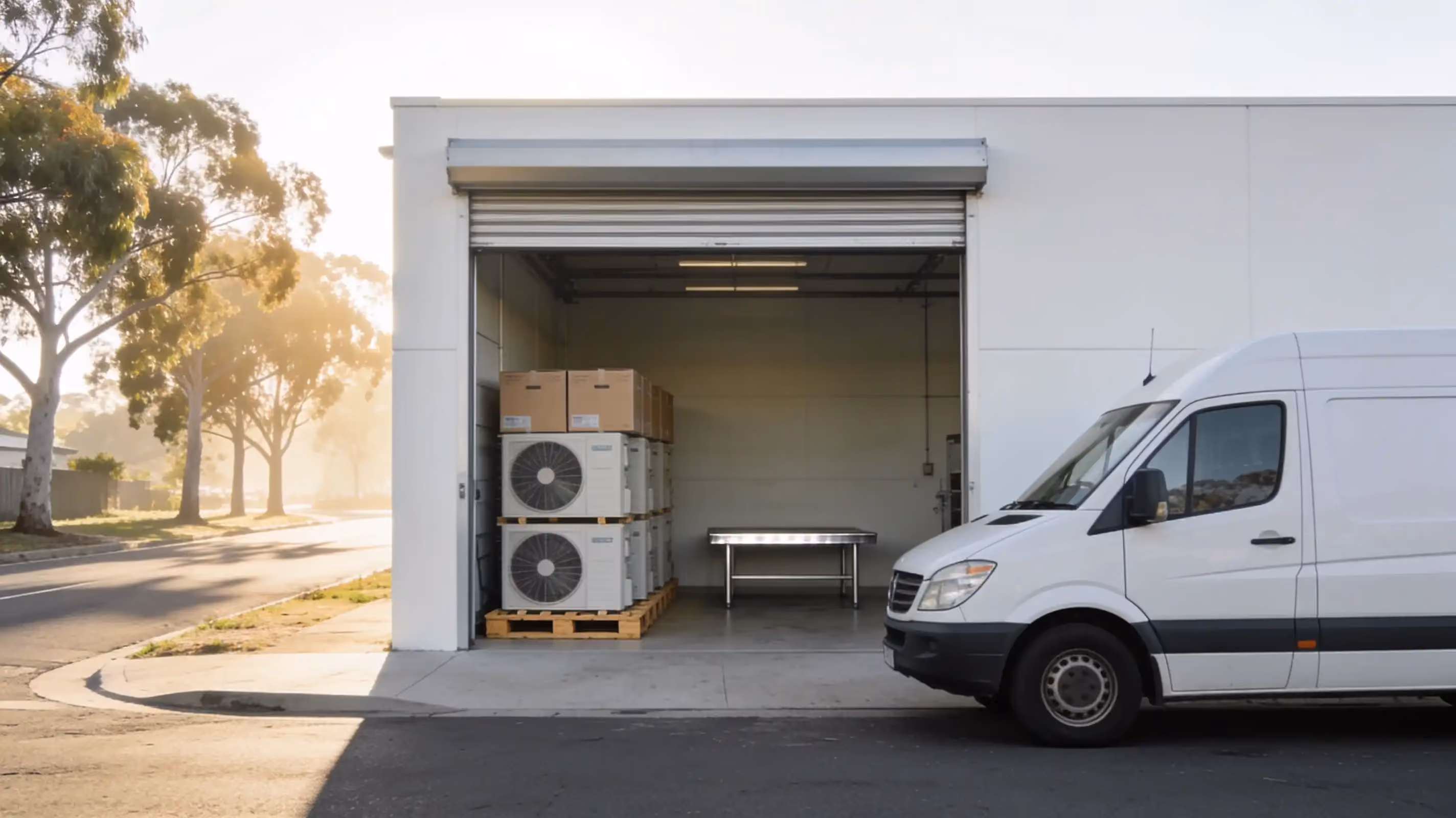 A workshop with its roller door up on boxed air conditioners and a steel bench, a white van parked in front, gum trees in morning haze