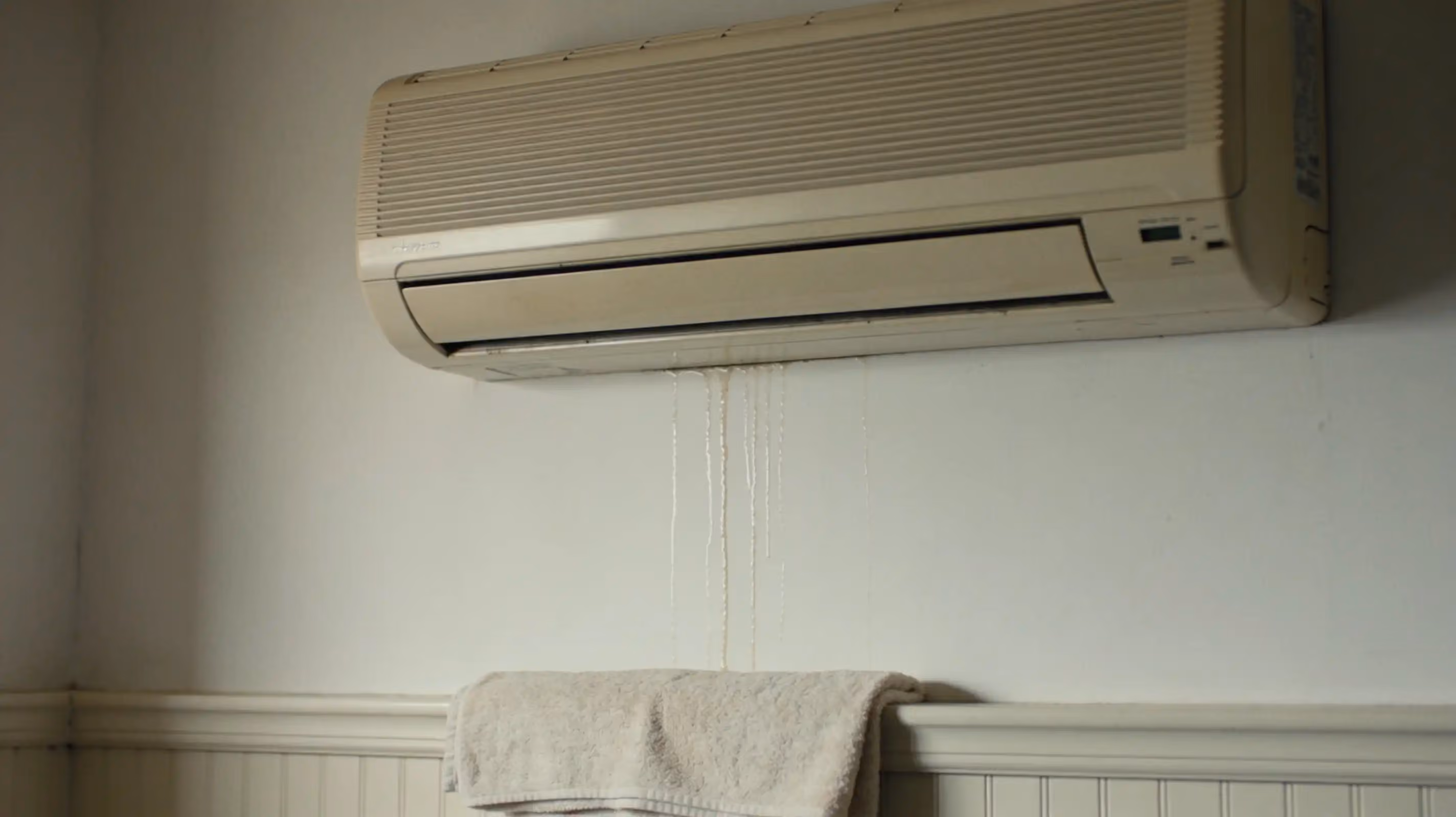 An older wall split system with water stains running down the wall beneath it and a towel folded over the skirting