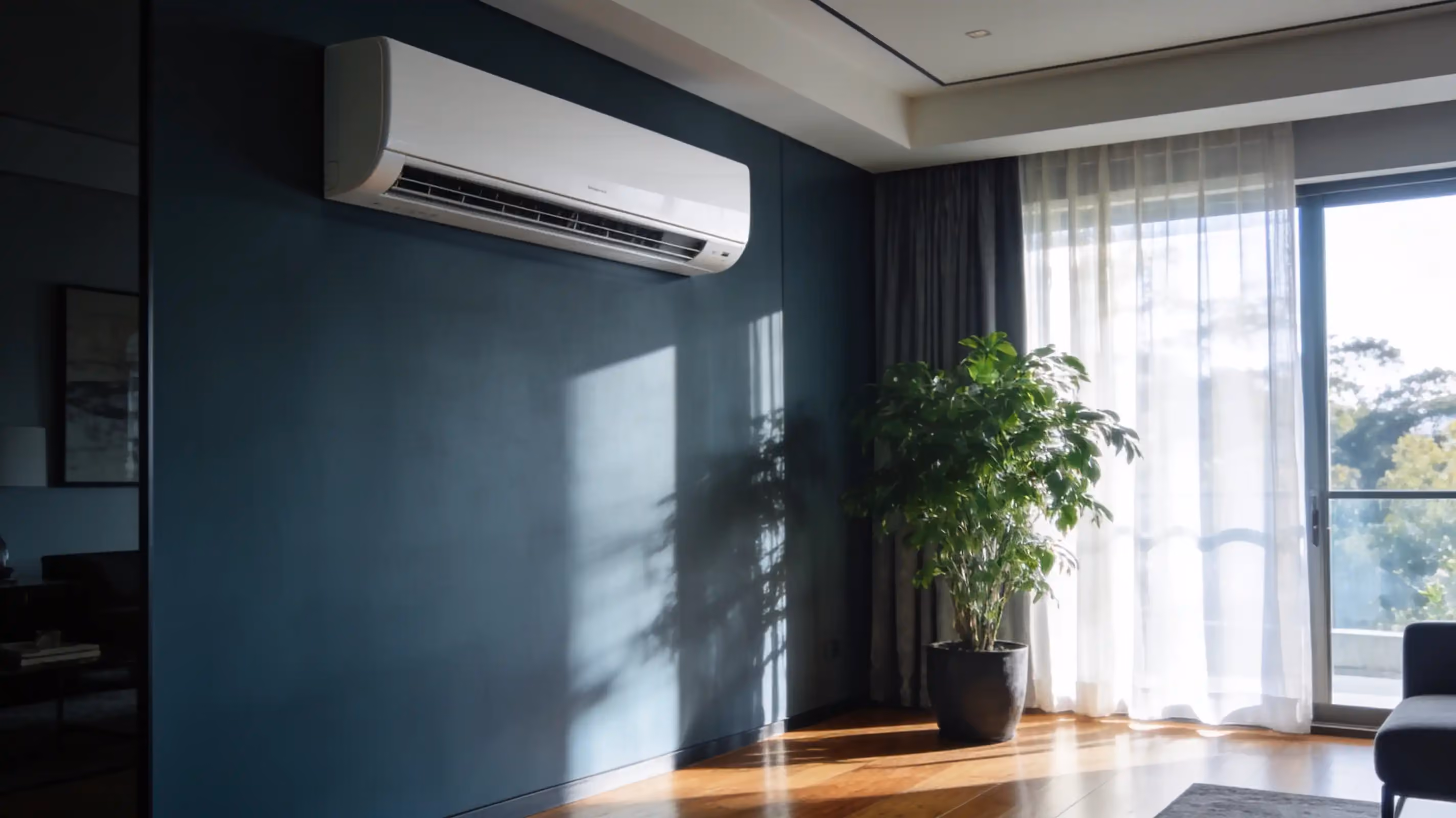 A split system high on a dark blue wall in a quiet living room, sheer curtains glowing with sun and a pot plant by the window