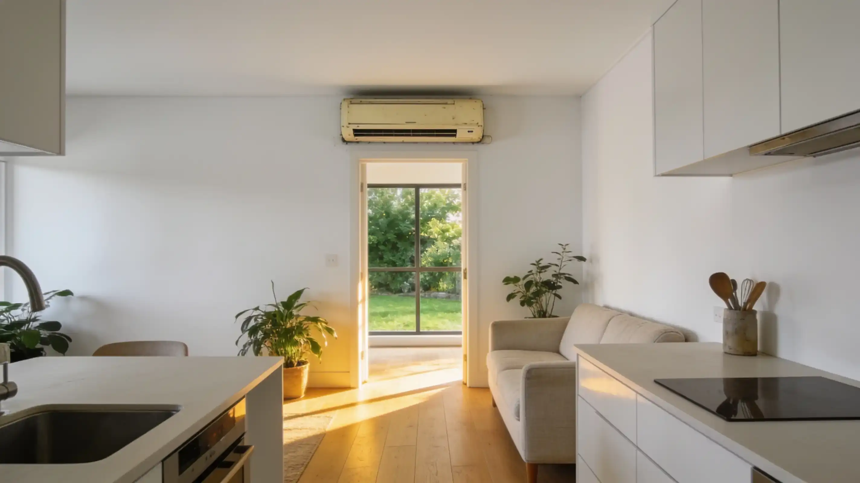A bright modern kitchen and living room with an old yellowed wall-mounted air conditioner above the doorway to the garden