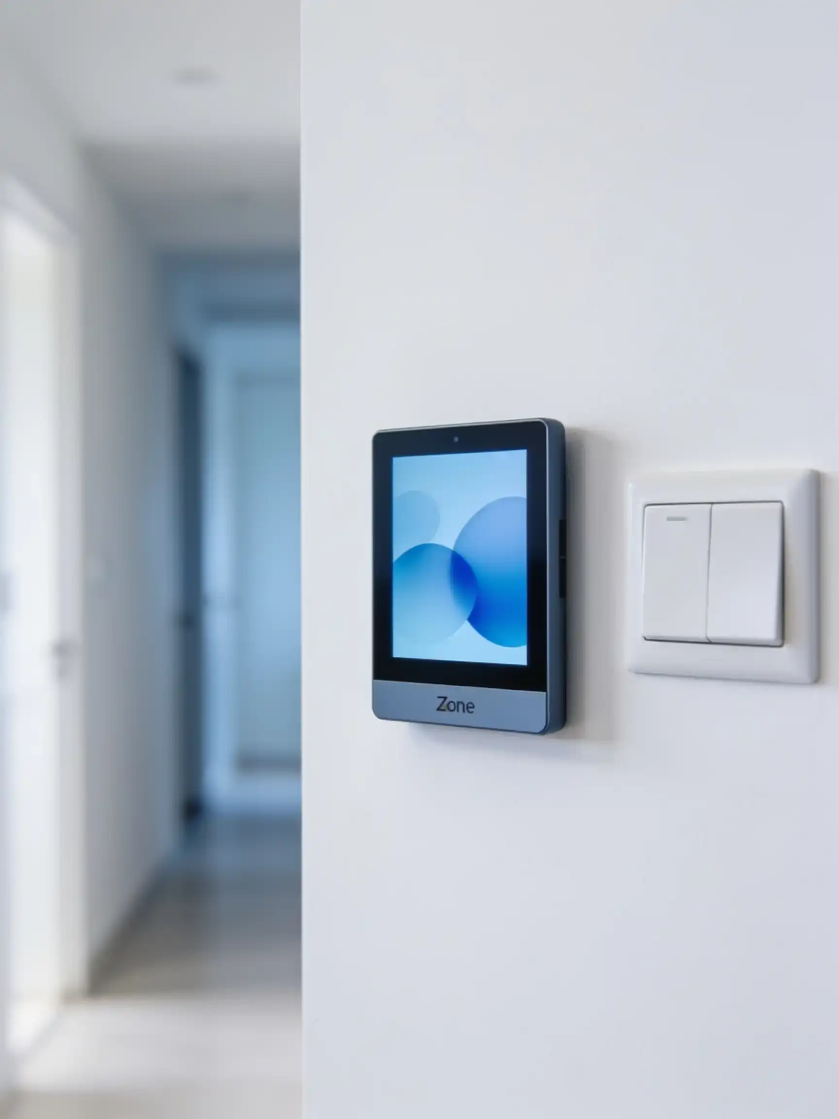 A small zone controller touchscreen on a white wall beside a light switch