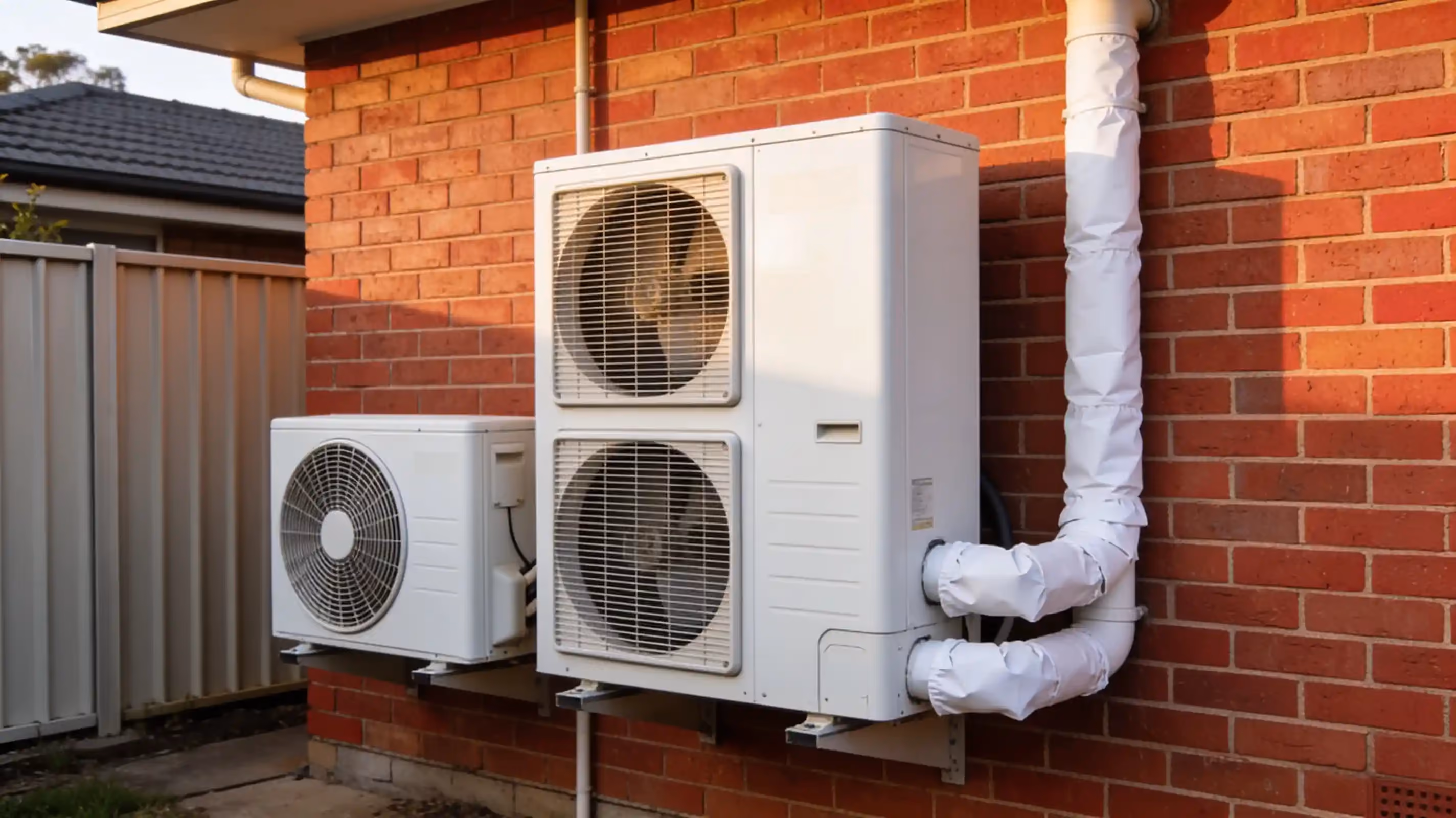 A small split system outdoor unit beside a much larger two-fan ducted outdoor unit on a red brick wall, pipes in white covers
